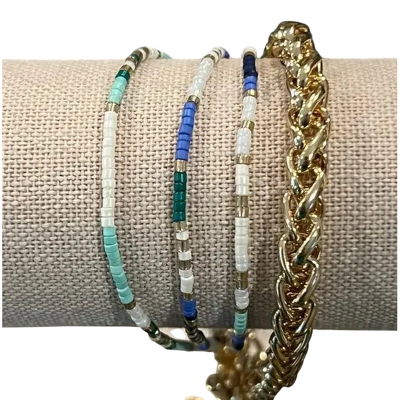 NWT LOFT Gold and Blue Multi Beaded Chain Bracelet Set - Picture 5 of 9